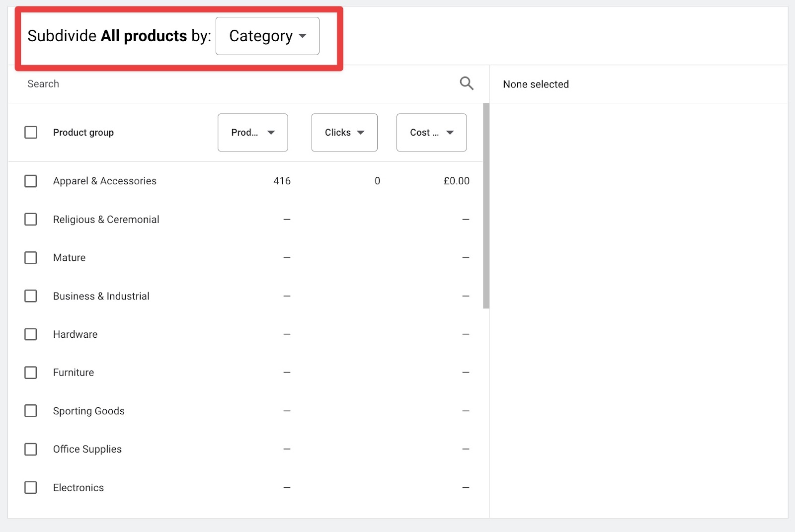 Screenshot that shows how to subdivide all products in Google Shopping 