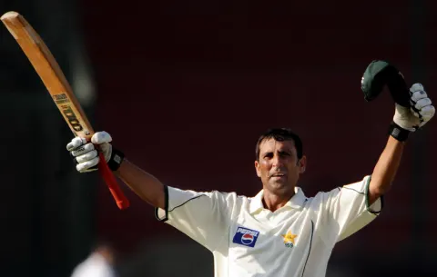 Younis Khan acknowledges the cheers after reaching his triple-century
