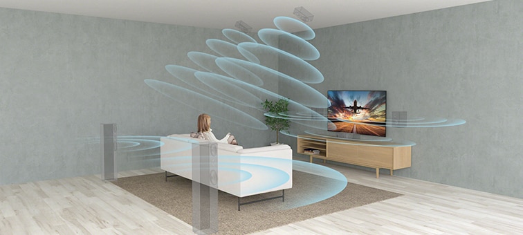 Living room image showing multi dimensional sound with 3D Surround Upscaling