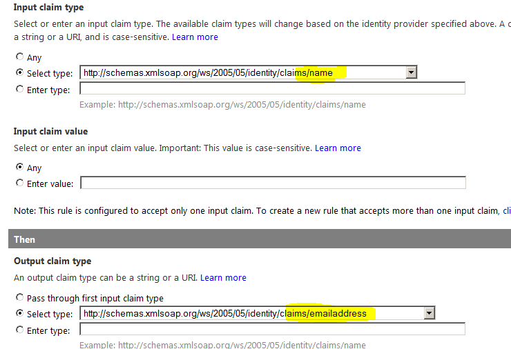 Input Claim TypeSettings