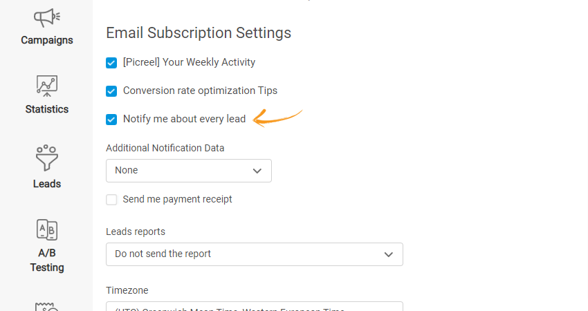 Enabling Lead Capture Notification in the Email Subscription Settings