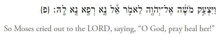 Last line of the portion in Hebrew with the translation "So Moses cried out to the LORD, saying, 'O God, pray heal her!'"