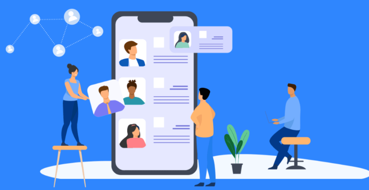 People organizing contacts on a mobile concept cartoon illustration