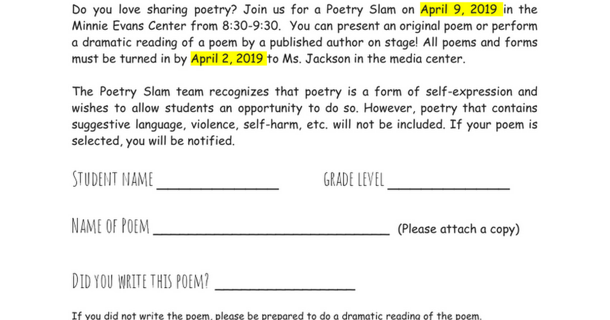 Poetry Slam Application 2019