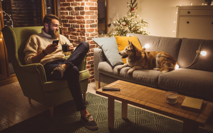 A man and dog looking at each other in their living room during the holidays