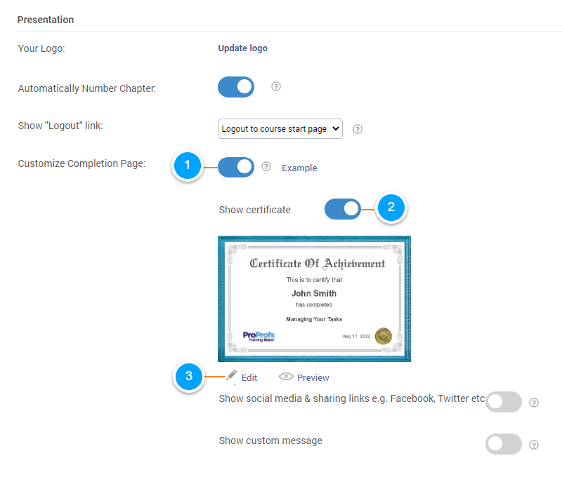 Enable Customize Completion Page and Show Certificate