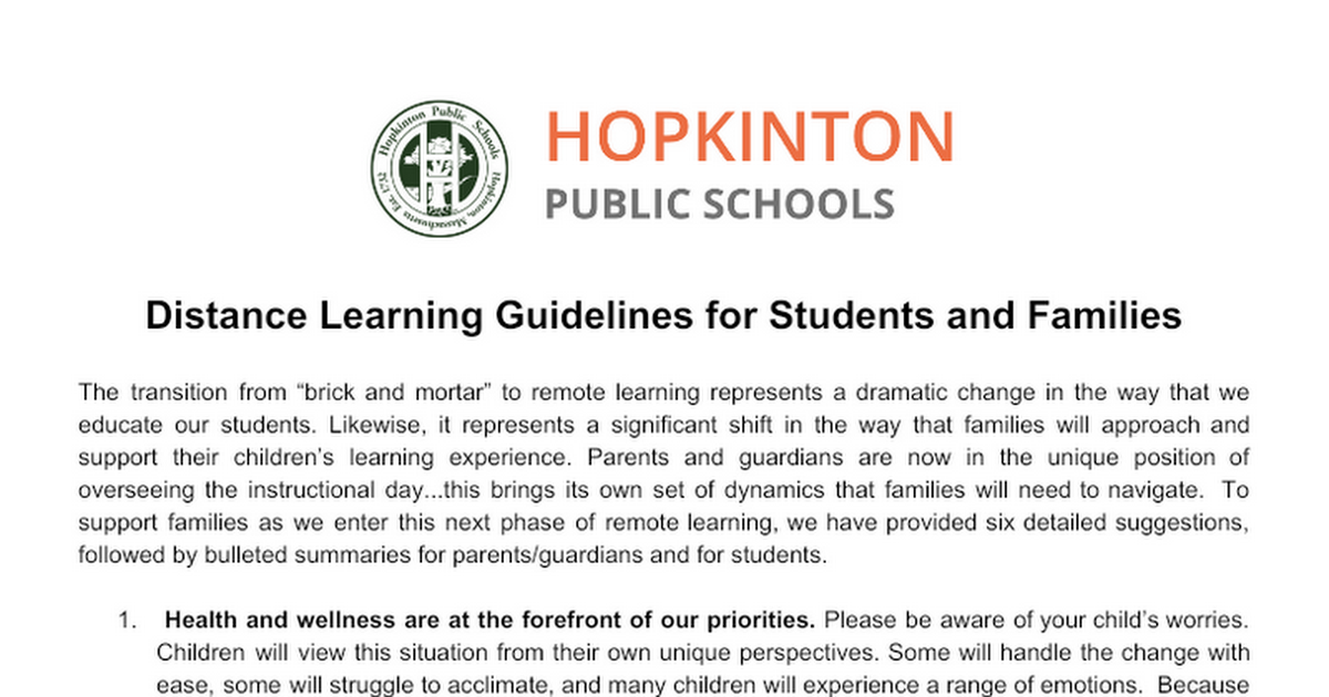HPS: Distance Learning Guidelines for Families