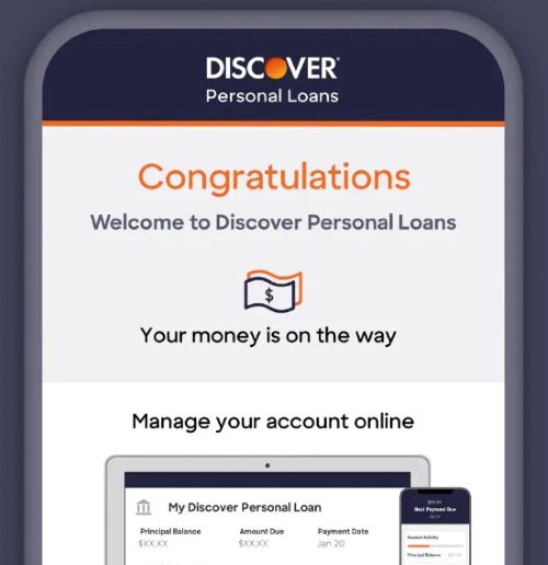 View of Discover personal loans account dashboard and acceptance screen.