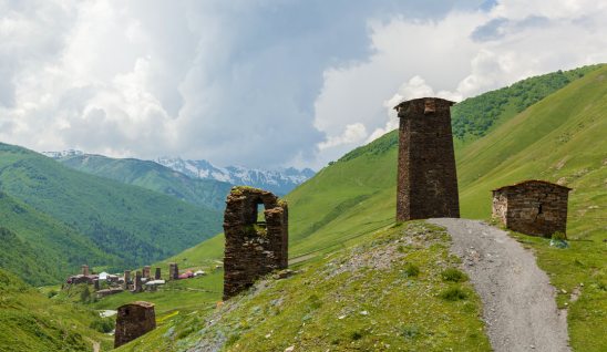Three stone towers above Ushguli village