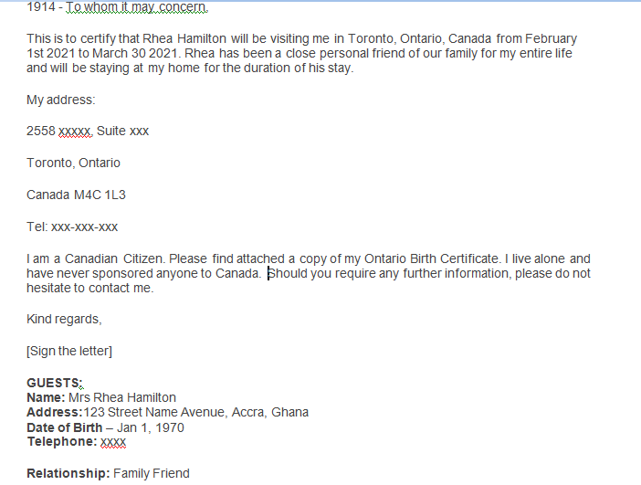 invitation letter for visit visa canada template