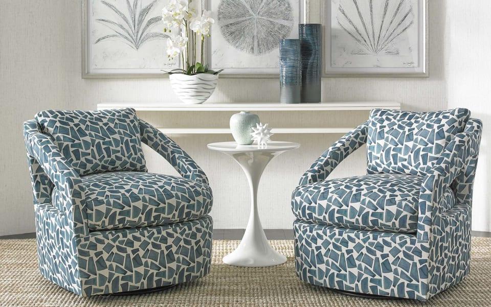 Bold Patterned Accent Chairs and White Accent Table