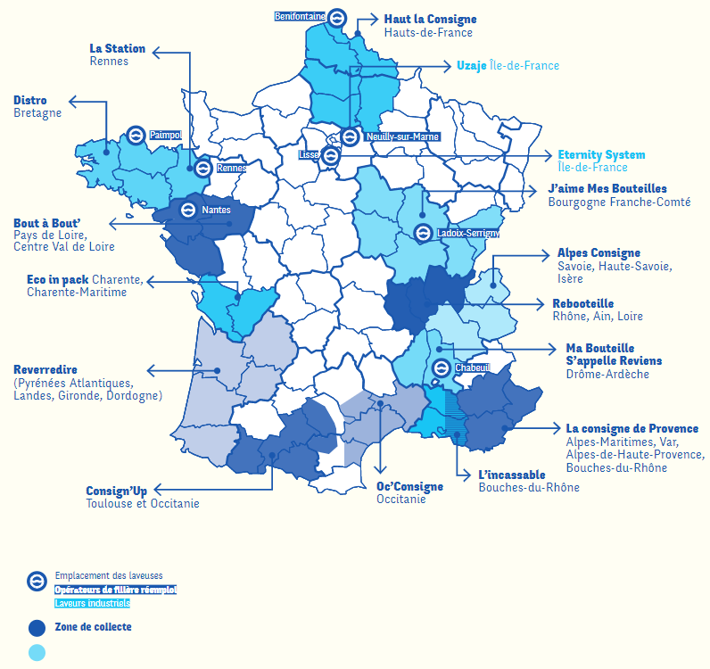 Carte des opérateurs du réemploi en France établie par @RéseauConsigne / La Consigne