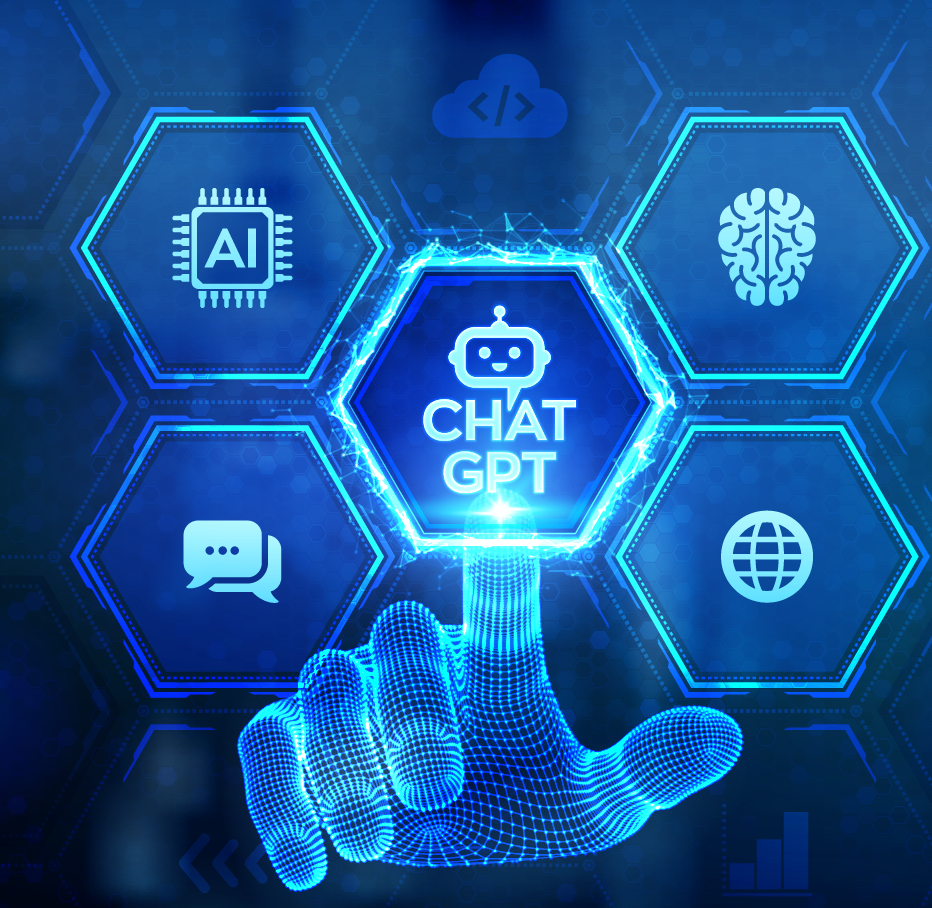 Image shows a digital interface with ChatGPT with Artificial Intelligence. A wireframe hand is touching the digital interface.