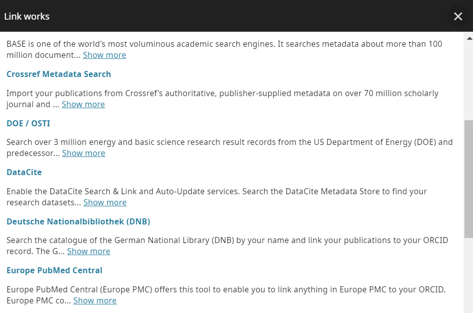 Screen showing link options for ORCID
