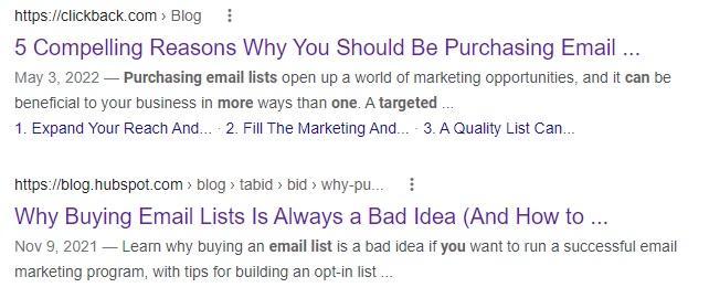 Google results for “should you buy targeted email lists” show differing opinions.
