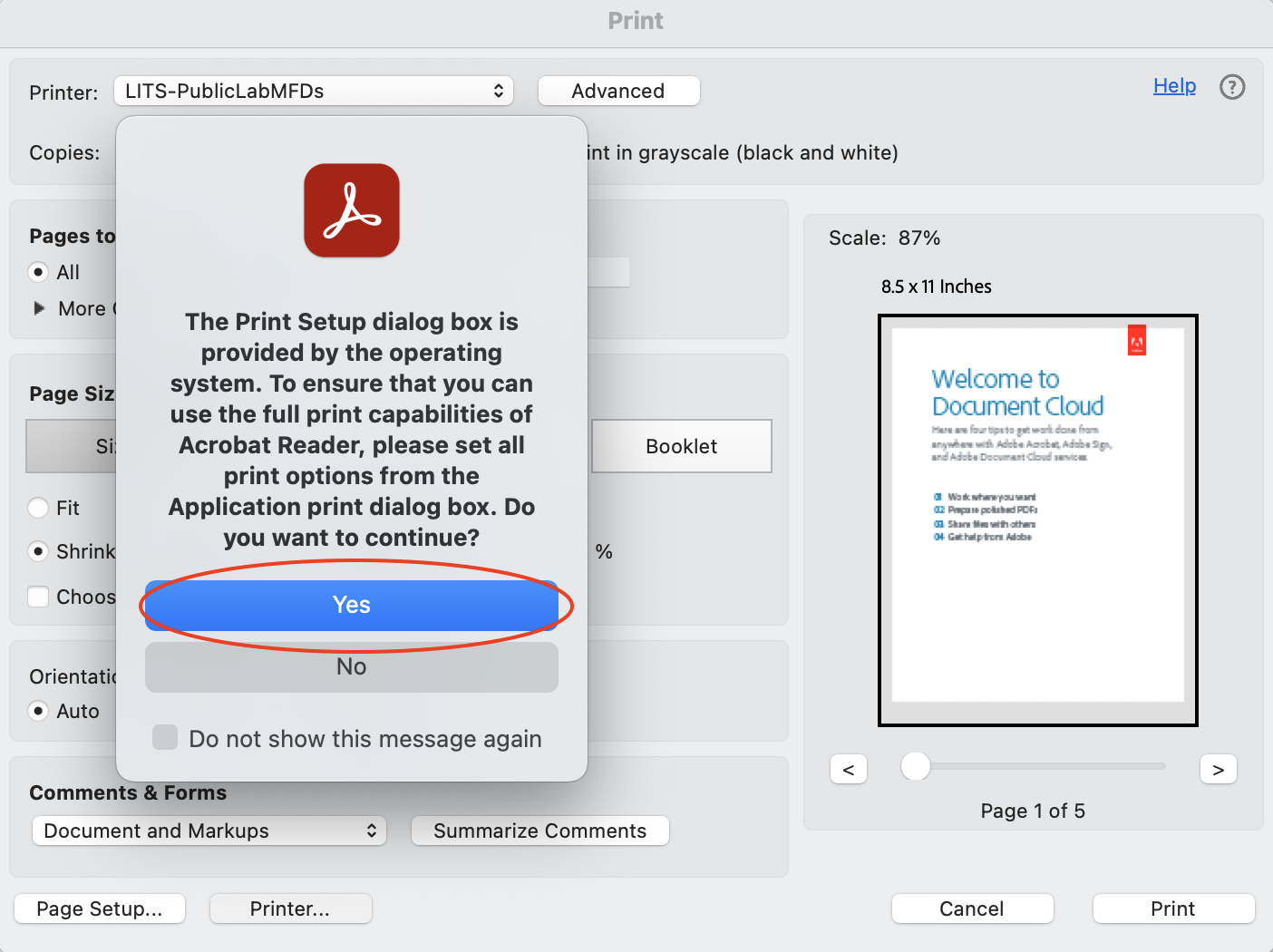 Yes highlighted in a red circle on the pop up dialog about changing the print setup dialog