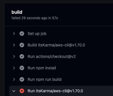 Screenshot showing failed workflow on AWS step