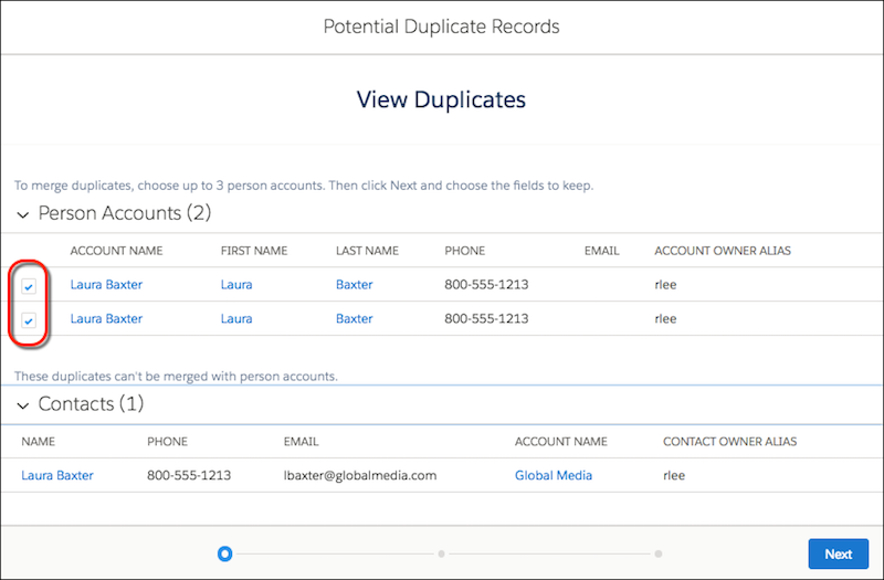 Duplicate records, with accounts available to merge