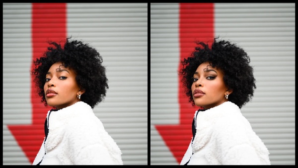 antes e depois da foto de uma mulher negra sendo que em uma foto está com a maquiagem CEO do AirBrush