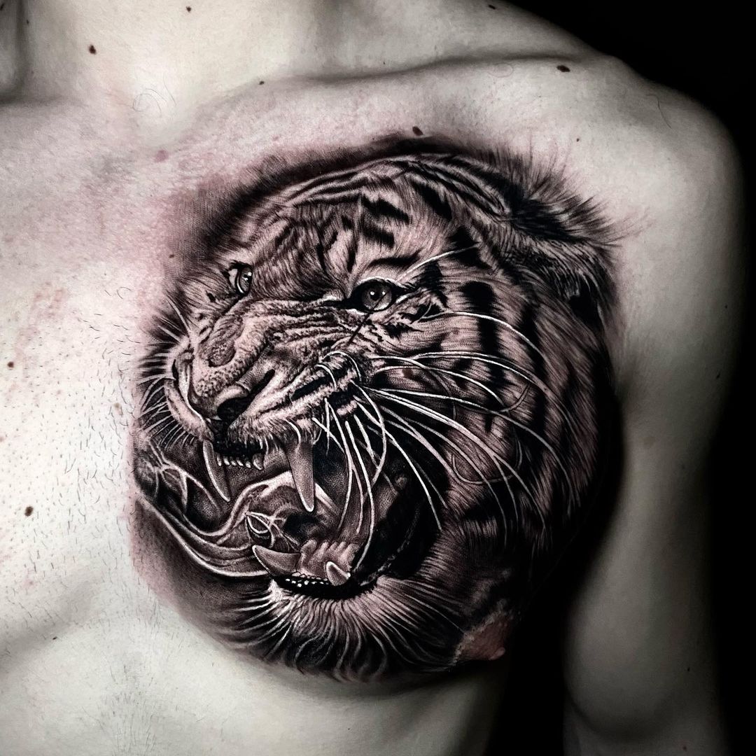 Black Ink Tiger Chest Tattoo Design