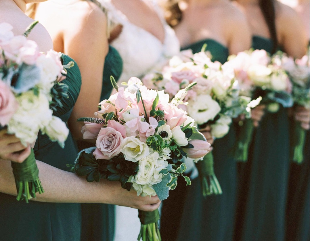 evergreen and blush bouquet for bridesmaids