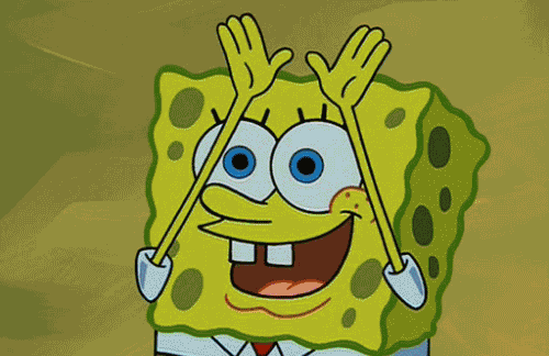 A gif of spongebob with a rainbow as he moves his hands.