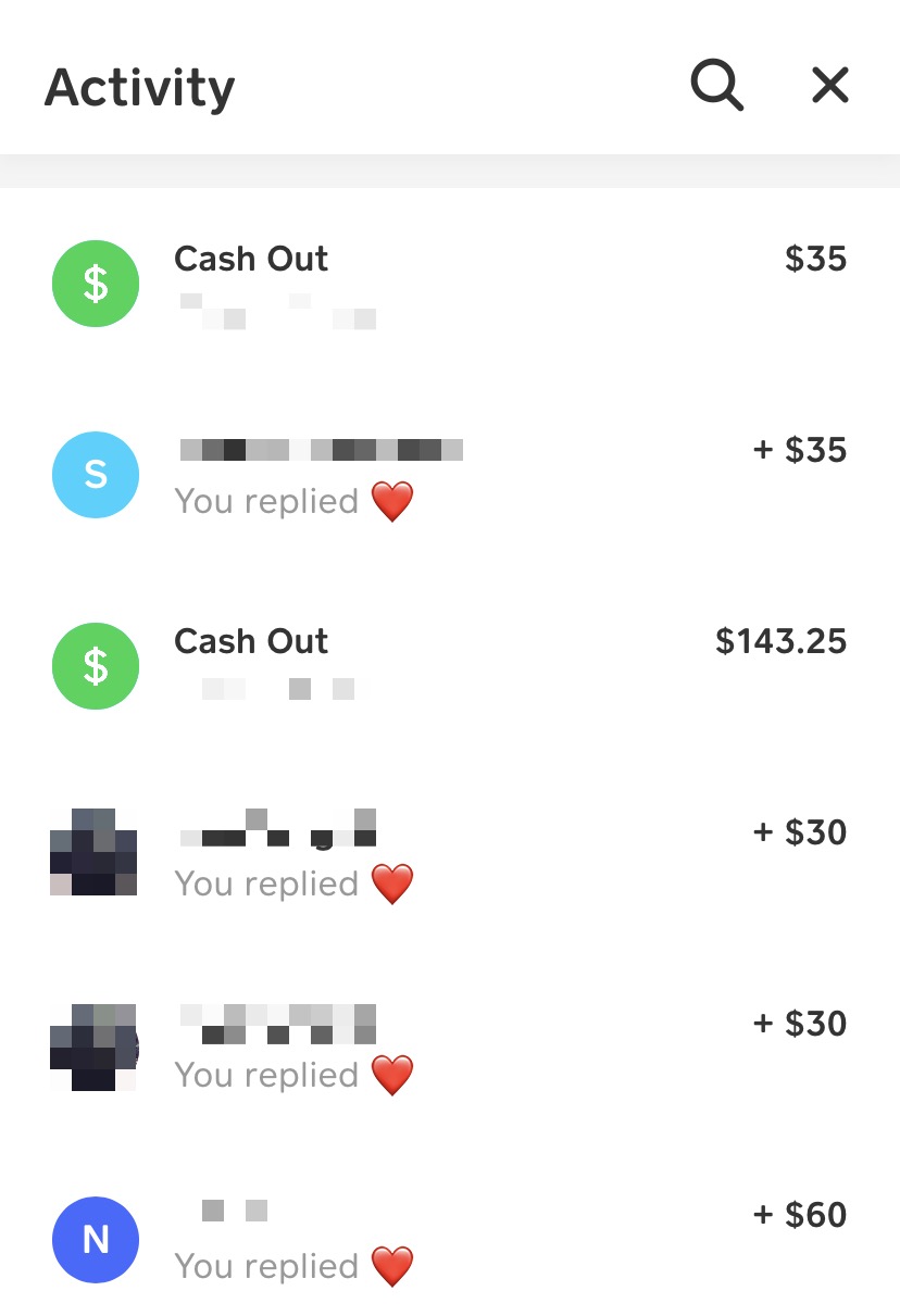 Cash app activity screen