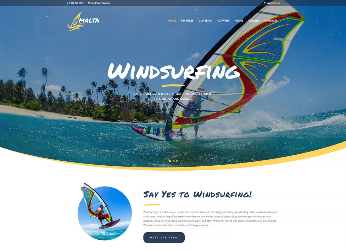 Malta - Tema de WordPress para el centro de windsurf, kitesurf y wakesurfing
