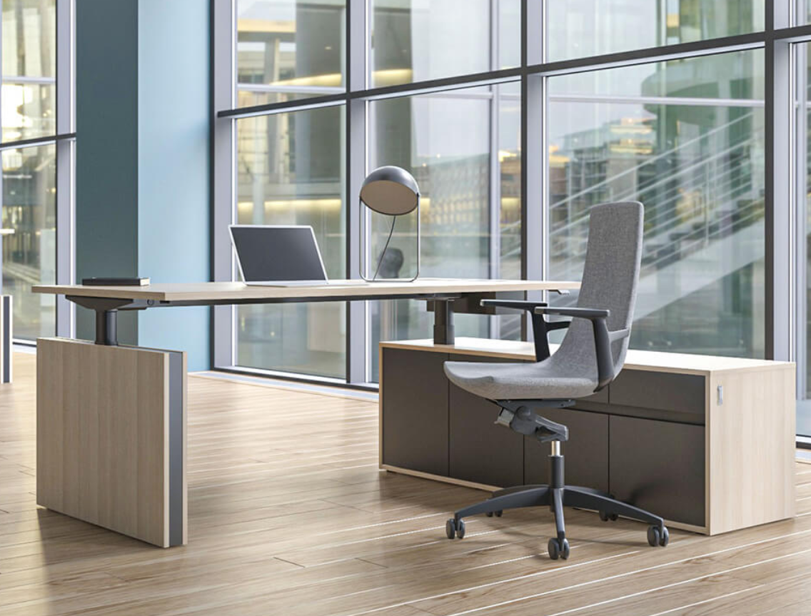 An executive height-adjustable desk with a storage unit.