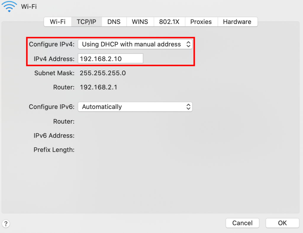 Configuração de IP estático no MacOS - destaque para os campos de endereço de IPv4 e tipo da configuração