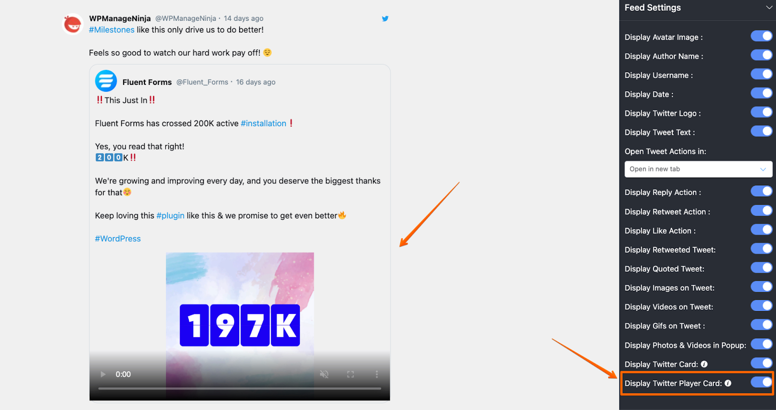 Twitter feed settings: Display Twitter Player Card