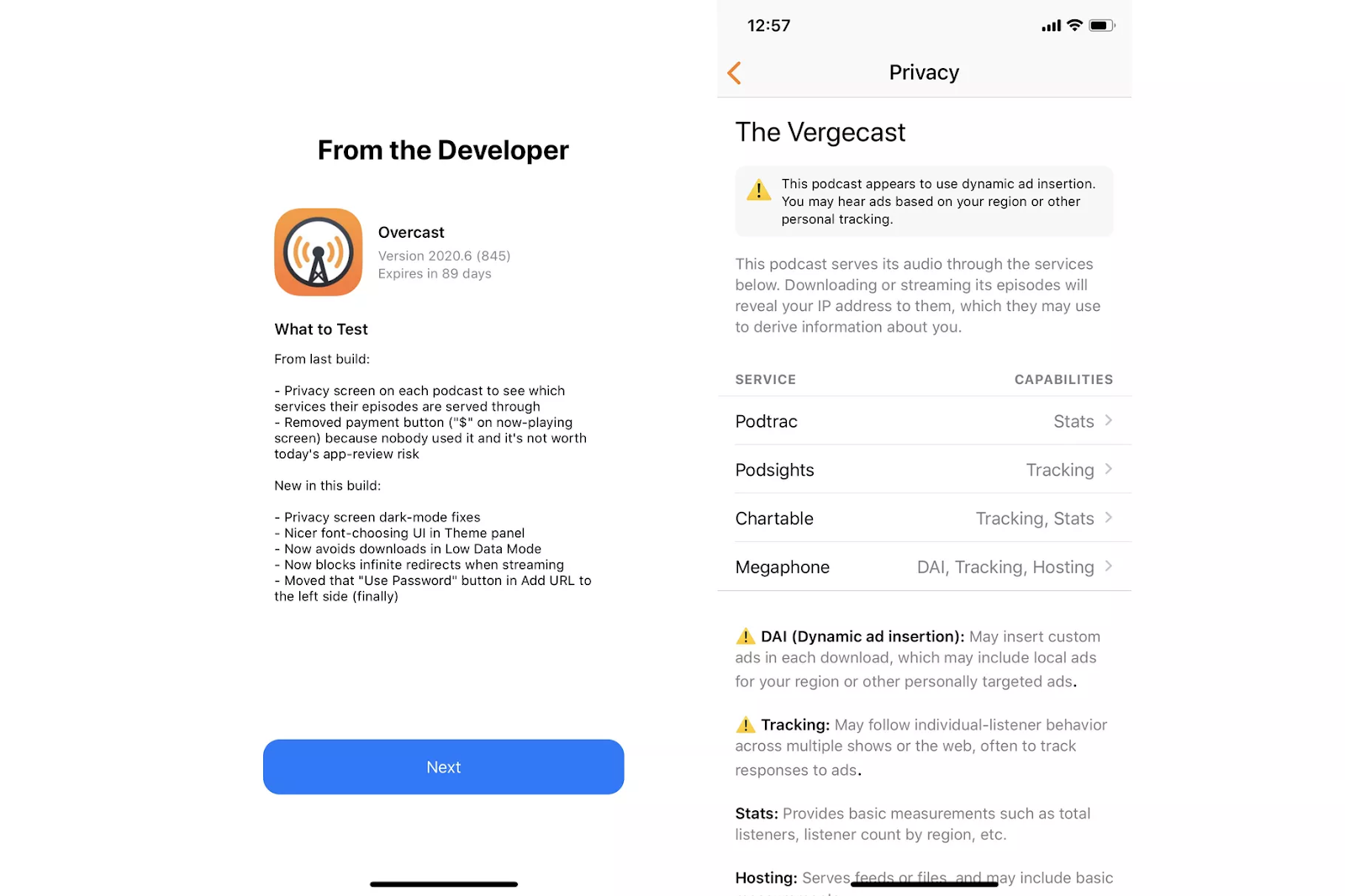 Left: Screenshot of the Overcast app update details. Right: An example of The Vergecast data and ad information in Overcast.
