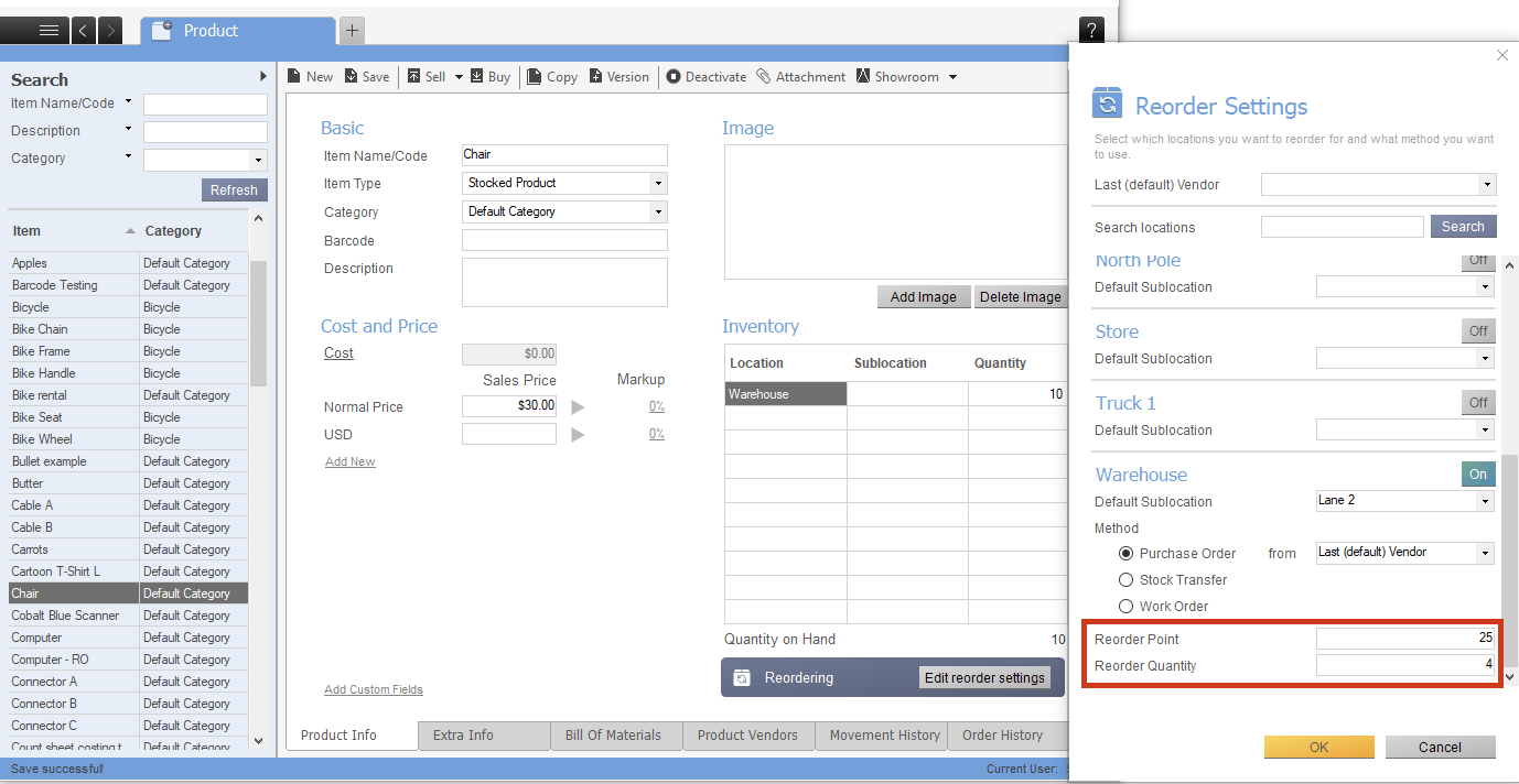 inFlow Windows app product record and reordering settings open.