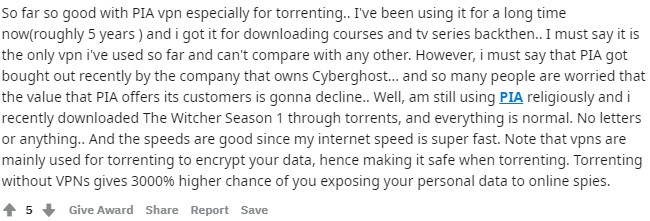 Reddit comments about PIA for torrenting