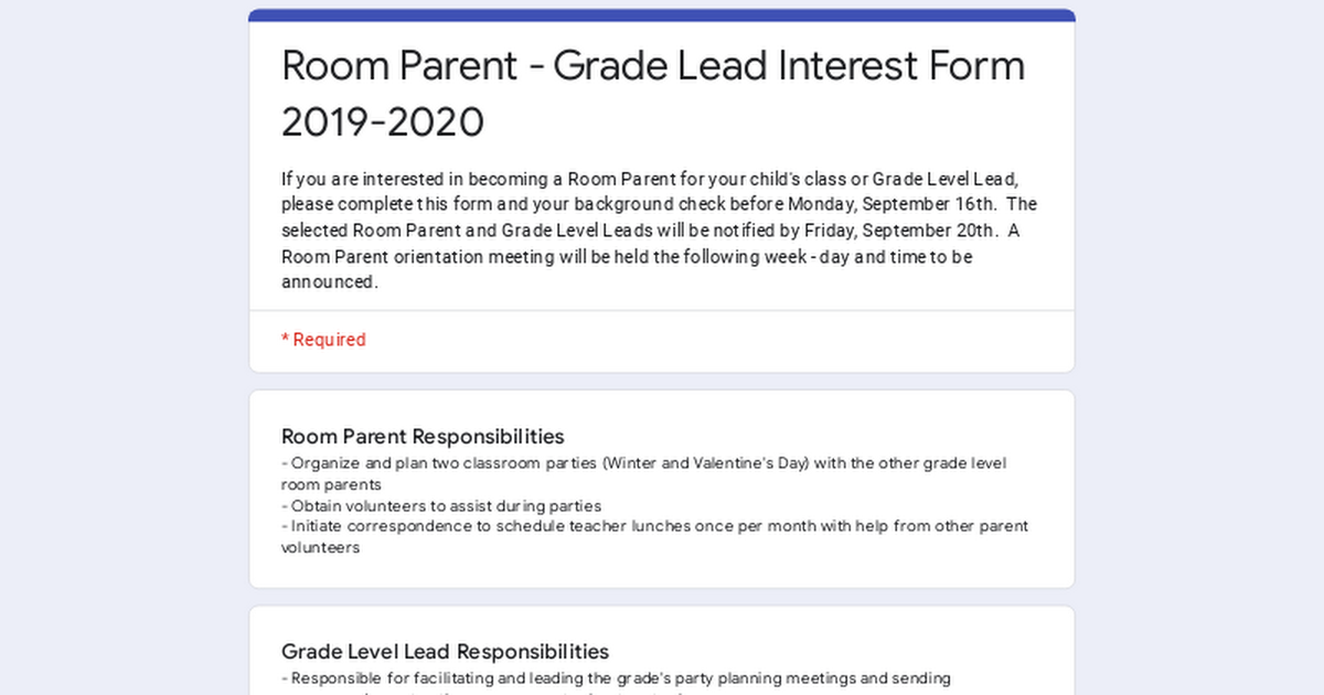 Room Parent - Grade Lead Interest Form 2019-2020