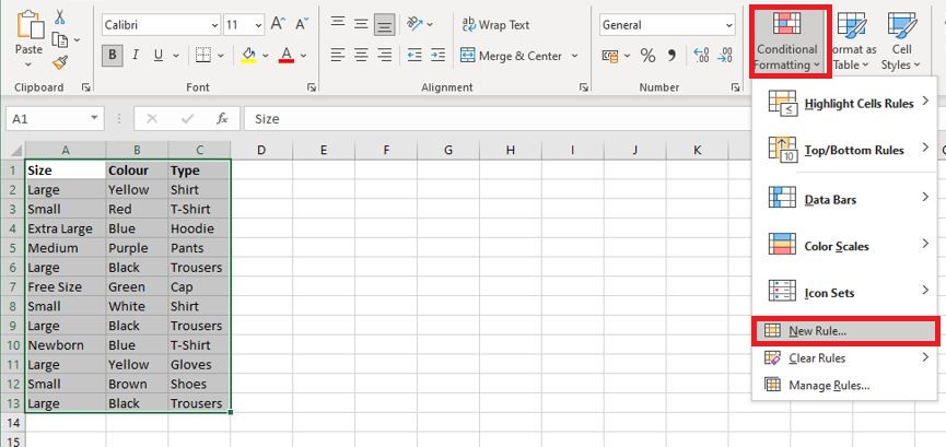 New Rule under conditional formatting