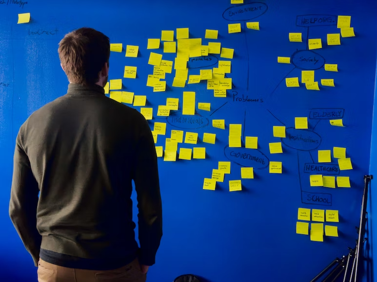 pivotagem de startup: homem olhando parede azul com post-its amarelos
