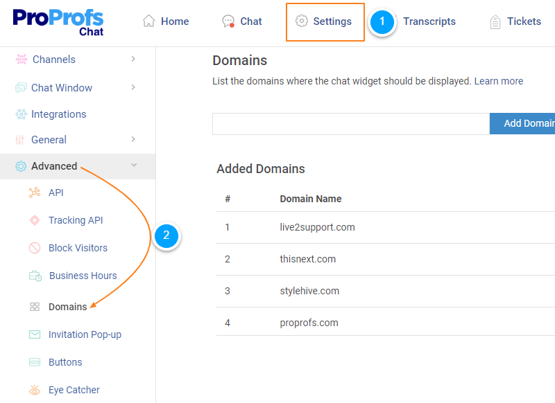 Go to Settings > Advanced> Domains