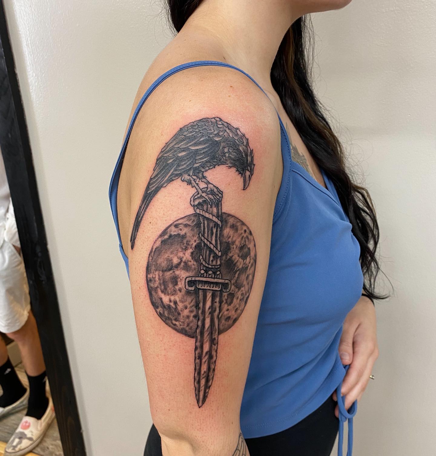 Crow, Moon & Dagger Classy Shoulder Tattoos Female