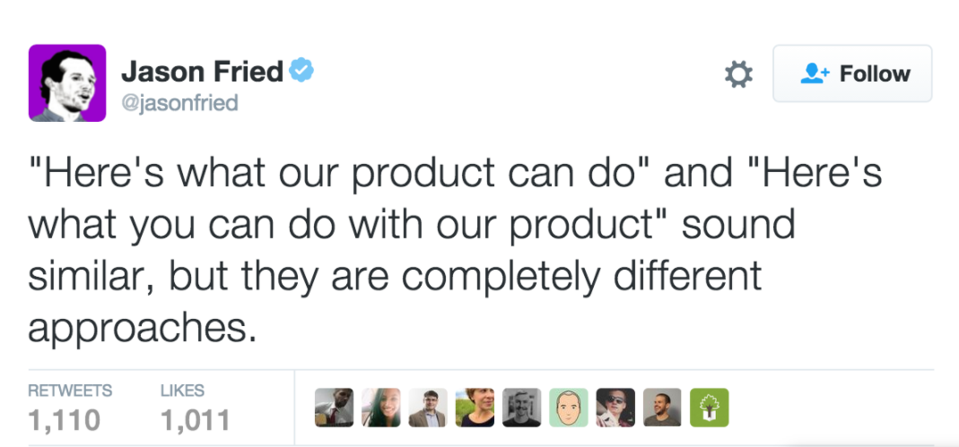 Jason Fried of Basecamp tweets about the different approaches of a product