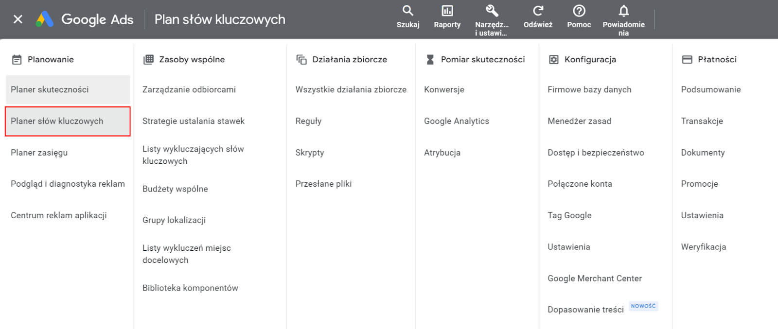 Google keyword planner, Planer słów kluczowych, Google Ads, Narzędzia i ustawienia