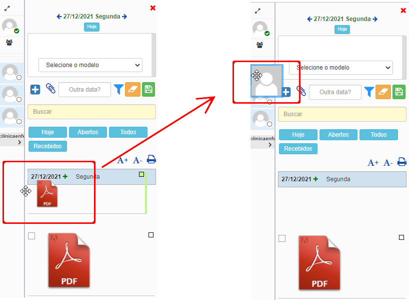 Retângulo e seta vermelhos indicando como usar o segurar-e-arrastar para enviar uma tarefa a outro usuário.