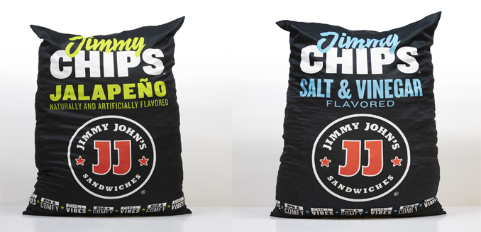 Image of giant Jimmy John's potato chip bag shapped bean bag chairs, which are prizes for the Freaky Fast Rewards program