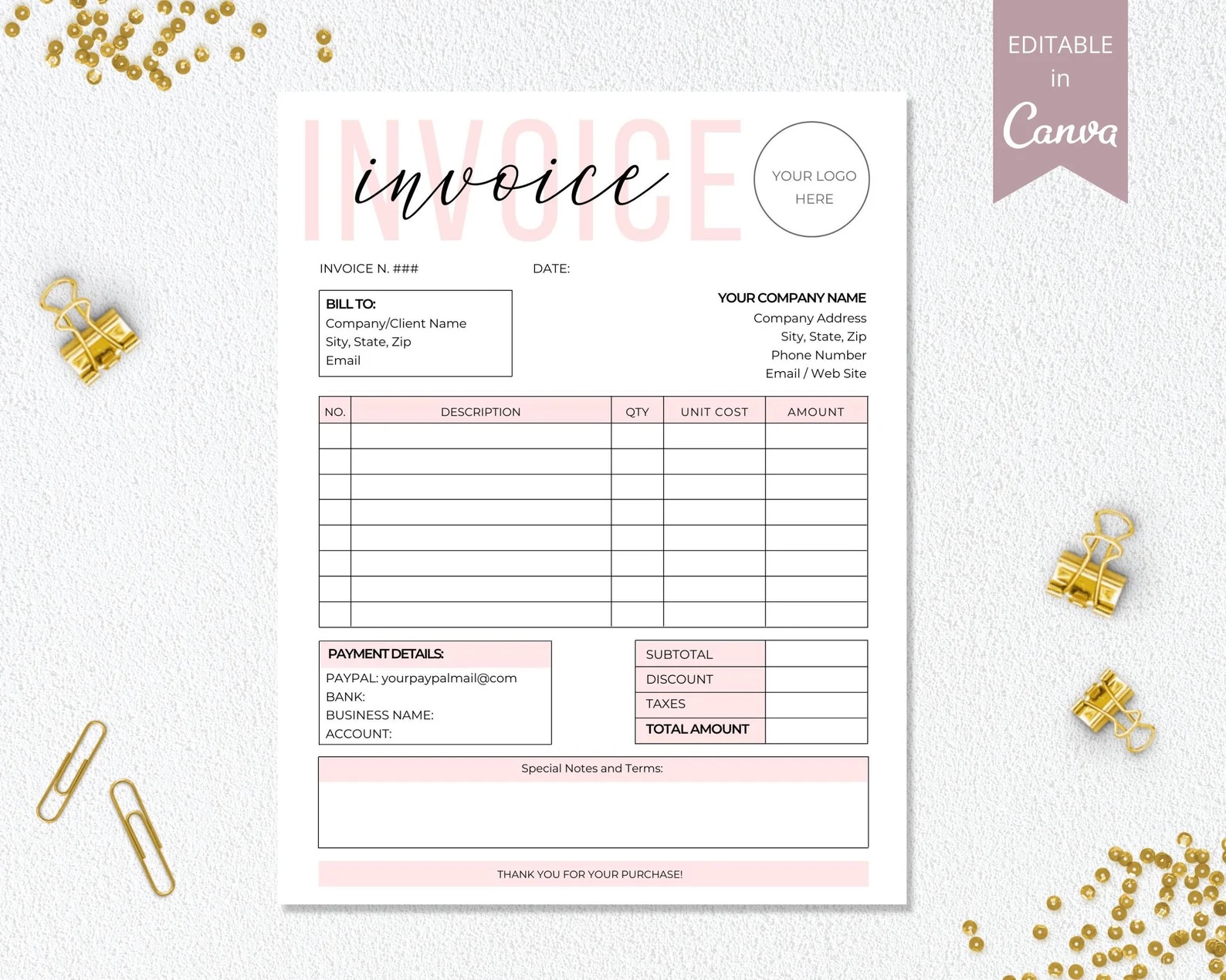 Light Pink Modern Canva Invoice Templates | The Comma Mama Co.