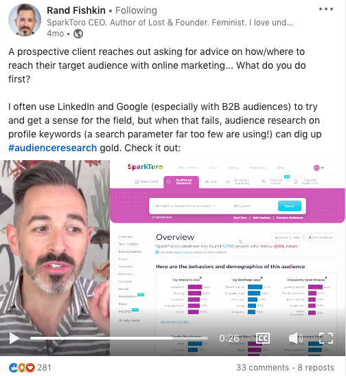 Rand Fishkin product walkthrough social media post