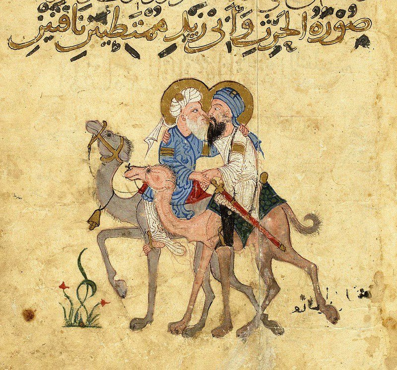 A painting of two Arabic men sitting astride one another on camels and embracing.