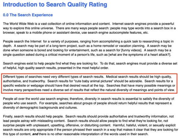 Paragraphe explicative de la section 0 dans le Search Quality Evaluator Guidelines de 2019