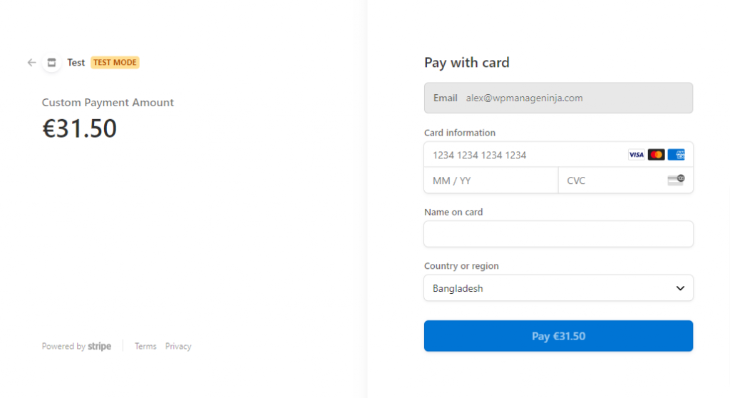 Fluent Forms redirected checkout page