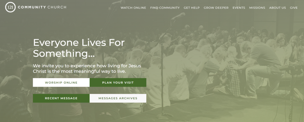 Página inicial do site da igreja 121 Community Church 