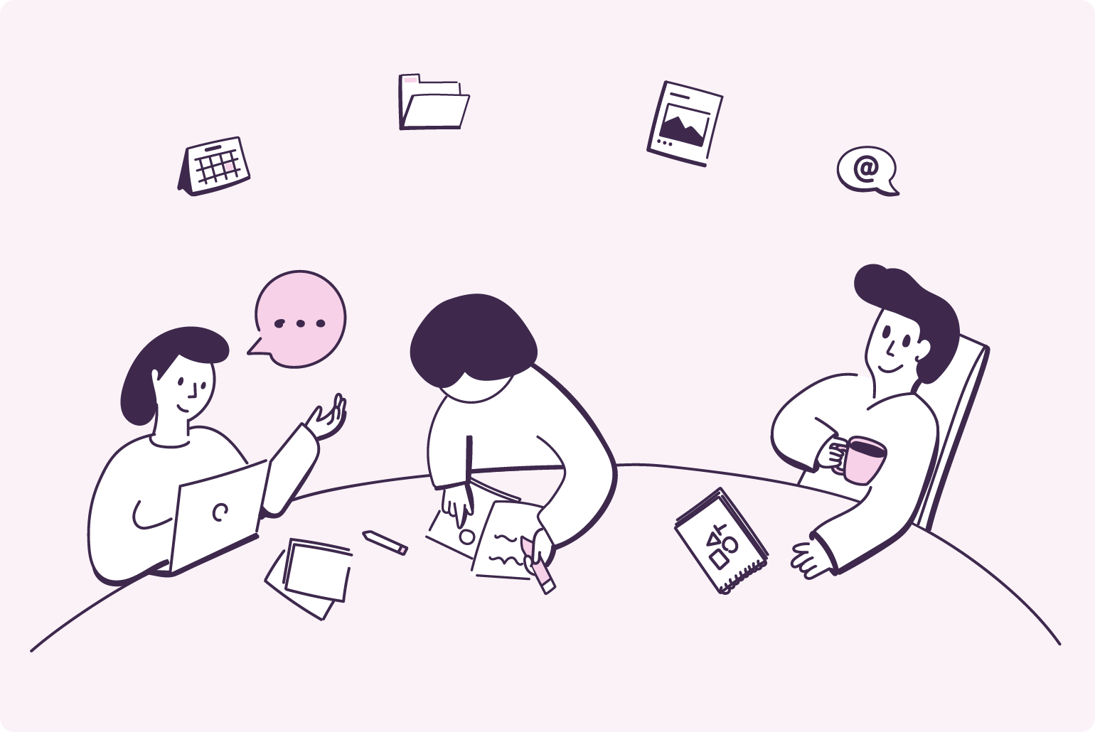 a graphic image showing a team collaborating and discussing a project